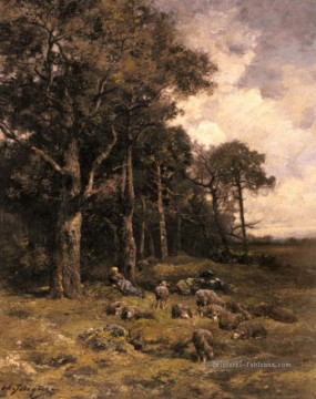 Bergère au repos avec son troupeau animalier Charles Émile Jacque Peinture à l'huile